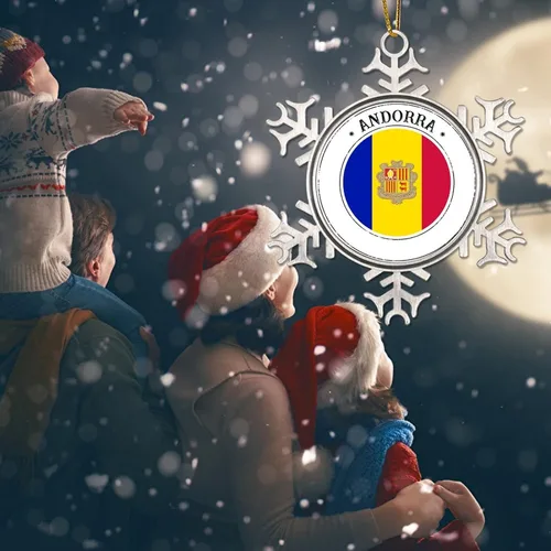 Vista 8 de Adornos de Navidad de Andorra, bandera nacional de Andorra, suministros de fiesta de Navidad, recuerdo de la ciudad, copo de nieve de metal, adorno