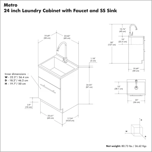 Vista 3 de SIMPLIHOME Metro - Lavabo y gabinete de lavandería todo en uno de 24 pulgadas de ancho en acabado blanco puro, gabinete de fregadero de acero
