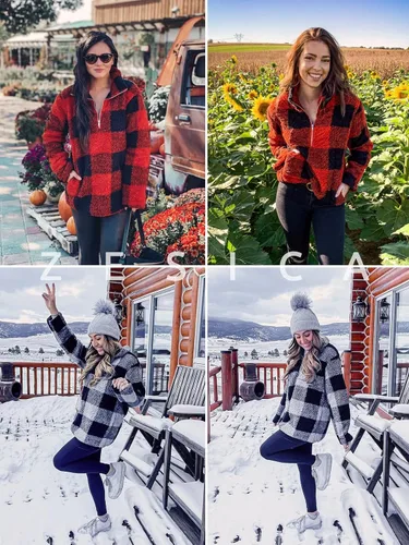 Vista 7 de ZESICA Women's Plaid Long Sleeve Zipper Sherpa Fleece Sweatshirt Pullover Jacket Coat