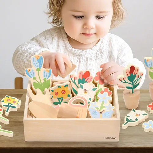 Vista 4 de Juego de herramientas de jardín de flores de madera, caja de jardinería y juego de herramientas de jardín, juguetes Montessori, aprendizaje