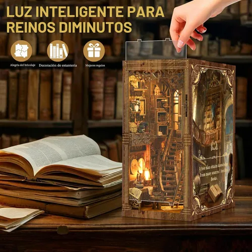Vista 2 de SUNNINO Kit de Rincón de Libros - Kit de Casa de Muñecas en Miniatura DIY, Rompecabezas 3D de Madera con Luz LED, Kits de Rincón de Libros para Sala