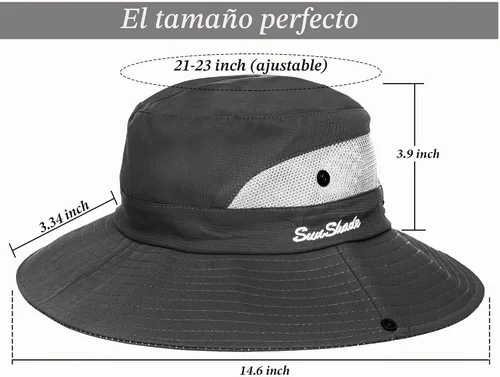 Vista 4 de Sombreros de mujer al aire libre con protección UV plegables de malla de ala ancha para playa y pesca con agujero para coleta Gris oscuro