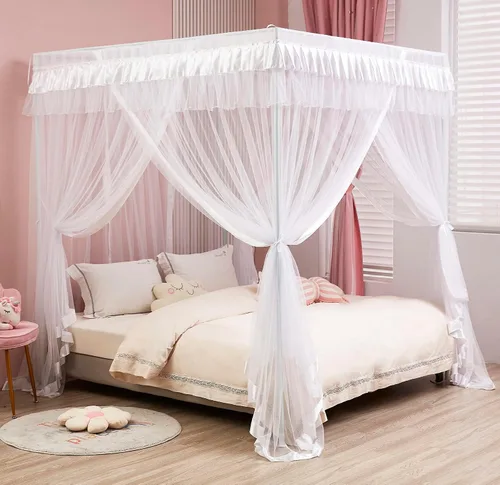 Vista 4 de Mengersi Cortina para Dosel de Cama Princesa, con 4 Esquinas, Dosel con Mosquitero para Cama de Princesa (Blanco, Doble)