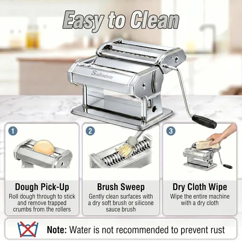 Vista 6 de Sailnovo Máquina para hacer pasta, máquina para hacer pasta de rodillo 180, 9 ajustes de grosor ajustables, máquina de fideos 2 en 1 con rodillos