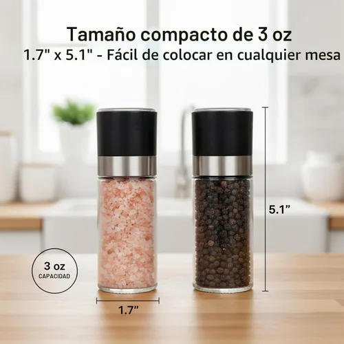 Vista 2 de Juego de Molinillo de Sal y Pimienta - Especieros con Grosor Ajustable para Condimentos de Cocina (1.7 pulgadas x 5.1 pulgadas)