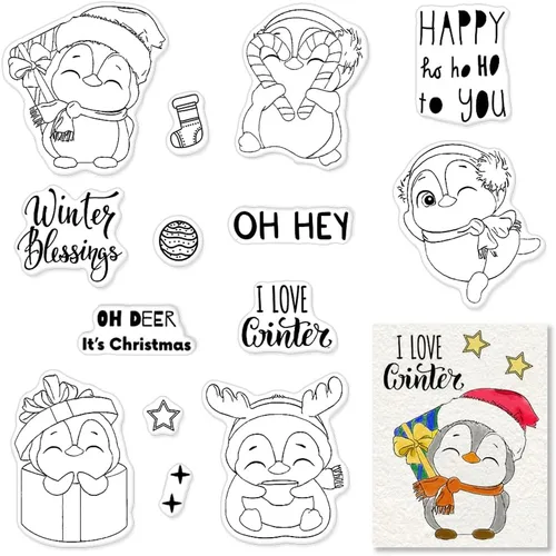 Vista 7 de Sellos transparentes de Feliz Navidad para hacer tarjetas, diseño de pingüino de invierno con copos de nieve, sellos de goma transparente para Oh