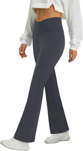 Vista 2 de FireSwan Leggings acampanados cruzados para mujer con bolsillos, corte de bota, cintura alta, pantalones de yoga con control de abdomen, pantalones