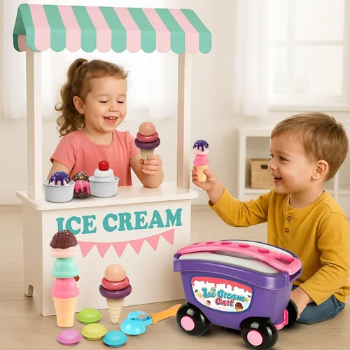 Vista 5 de Juego de 32 carros de helados para niños pequeños, juego de postre de macarrón, accesorios de cocina, carrito de helados