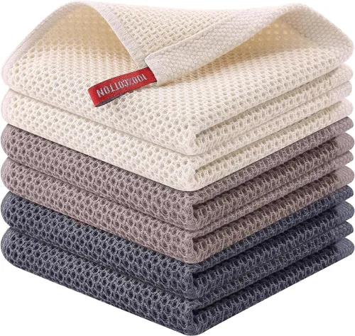 Vista 12 de QUILTINA Paquete de 6 paños de cocina de 12 x 12 pulgadas, 100% algodón, tejido de gofre, súper absorbentes, de secado rápido, color beige
