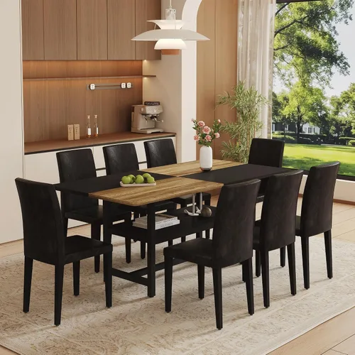 Vista 37 de Juego de mesa de comedor de 71 pulgadas para 6 personas con estante de almacenamiento, juego de mesa de comedor rectangular industrial moderna