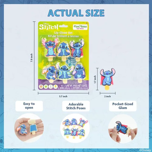 Vista 4 de Disney Stitch - Juego de 6 brillos de labios Flip-Top Ice Pop, brillo de labios a base de plantas con forma de puntada coleccionable, kit