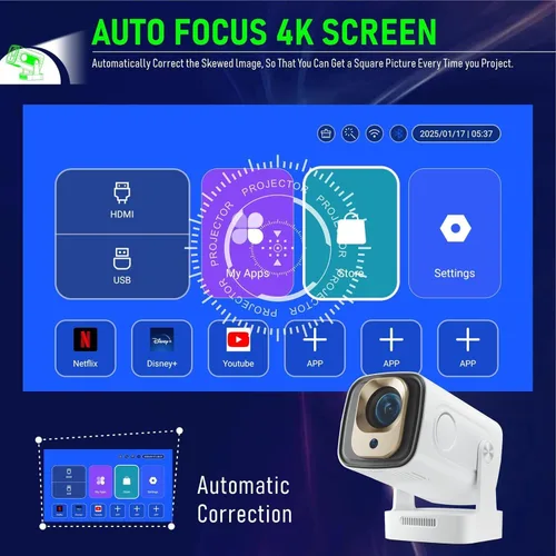 Vista 7 de Mini proyector HY260PRO, resolución nativa 1080P, Android 11.0, WiFi 6, Bluetooth 5.4, 200 lúmenes ANSI, pantalla de 130 pulgadas