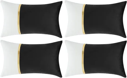 Vista 12 de Fancy Homi Paquete de 4 fundas de almohada decorativas para sala de estar, sofá cama, retazos de terciopelo con cuero dorado, decoración moderna