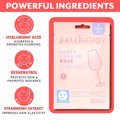 Vista 4 de Patchology Serve Chilled Rosé - Mascarilla Facial en Hoja Hidratante y Calmante con Ácido Hialurónico para una Piel Radiante, Tratamiento de Cuidado