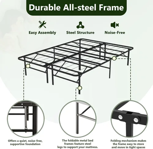 Vista 5 de Base de cama plegable de tamaño matrimonial, plataforma de metal con almacenamiento debajo de la cama de 14 pulgadas, resistente, sin ruido, fácil