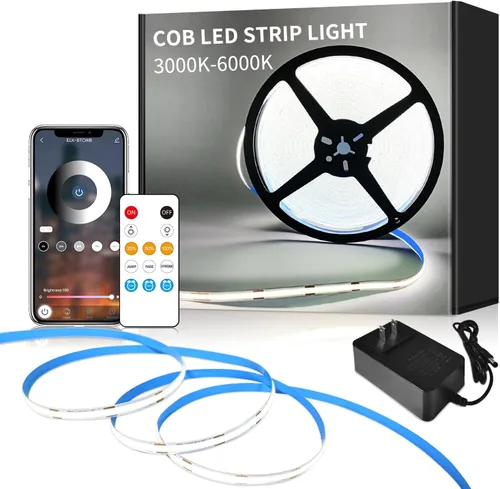 Vista 12 de COB - Tira de luces LED de 32.8 pies, 3000 K, blanco cálido, regulable, CC de 24 V, cinta de luces LED flexibles para dormitorio, con control remoto