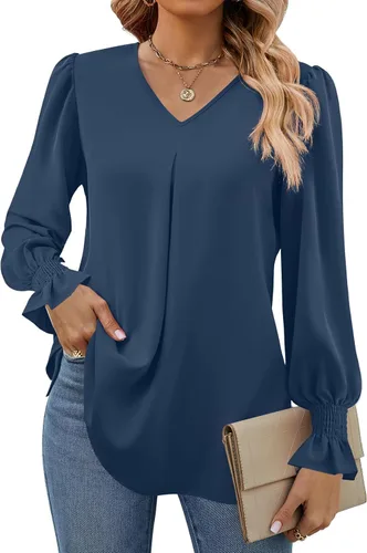 Vista 22 de Funlingo Blusas de mujer con mangas largas 2025, elegantes y casuales, con cuello en V, túnica suelta de gasa para el trabajo
