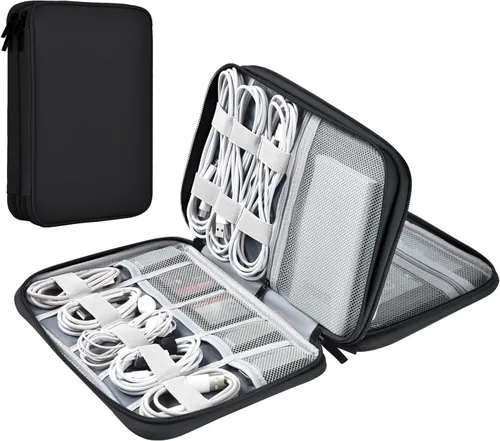 Vista 17 de Organizador de cables de cuero para viaje, impermeable, organizador de cables de viaje, portátil, organizador técnico, estuche de viaje para Verde