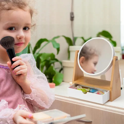 Vista 4 de YEAKE Espejo de maquillaje de tocador con soporte de bambú natural, espejo de aumento de doble cara 1X/3X con cajón, espejo portátil de mesa pequeño