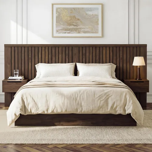 Vista 14 de KISLOT Marco de cama de madera estriada con mesitas de noche integradas Natural