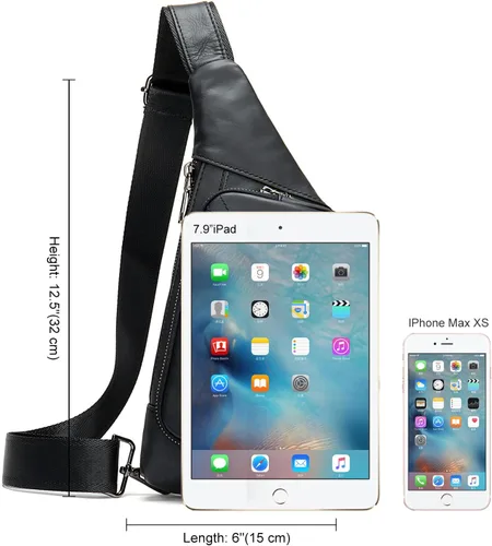 Vista 6 de Bolso bandolera para hombres y mujeres pequeño de cuero auténtico mochila cruzada de un hombro mochila cruzada para senderismo Negro