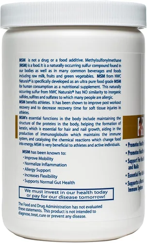 Vista 3 de NWC Naturals Ultra-Pure™ MSM en polvo, tarro de plástico de 1 libra
