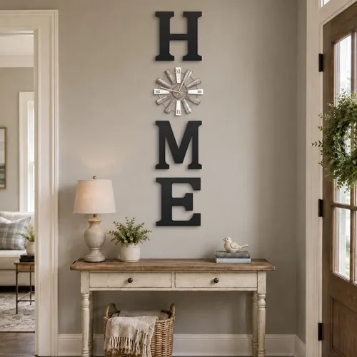 Vista 4 de Letreros de casa de campo con reloj de molino de viento, decoración de pared, letras rústicas para el hogar, arte de pared para sala de estar, Negro