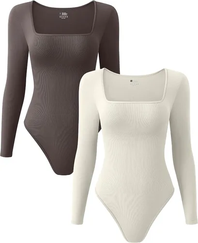Vista 11 de OQQ Body de 2 piezas para mujer, sexy, acanalado, de una pieza, cuello cuadrado, manga larga, tops Negro Beige