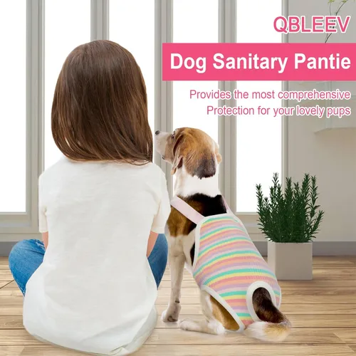 Vista 5 de QBLEEV Pañales para perras, bragas sanitarias lavables con tirantes ajustables, bragas reutilizables para perrito, ropa interior para mascotas, Raya