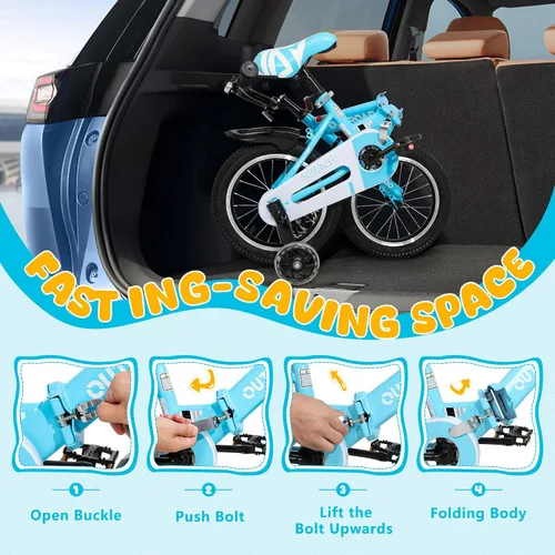 Vista 6 de Betterland Bicicleta plegable para niños, bicicleta para niños de 14/16/18 pulgadas con ruedas de entrenamiento y frenos de mano duales, bicicleta