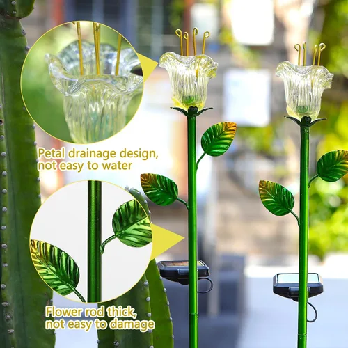 Vista 2 de VChymm Paquete de 2 flores decorativas solares, luces de lirio de vidrio amarillo impermeables, encendido/apagado automático para jardín, patio