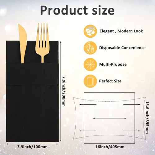 Vista 2 de Cindeer 150 Pz Servilletas de Lino Negras para Cena con Sensación de Lino, Bolsillo Plano Incorporado, Preplegadas, Toalla de Mano Desechable