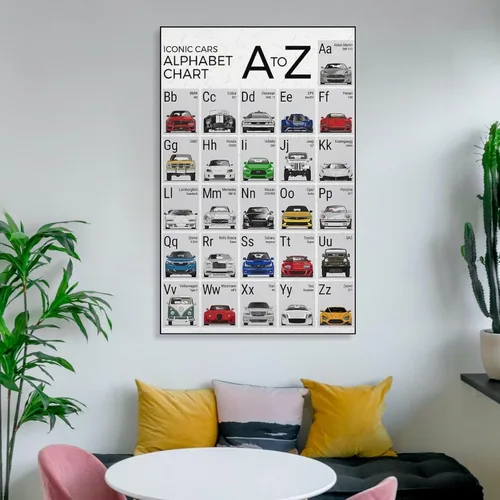 Vista 6 de CYPGTBCK Póster del alfabeto del coche ABC para niños, póster de aula, pintura decorativa, lienzo, arte de pared, póster de sala de estar