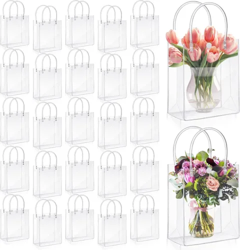 Vista 11 de LEIFIDE 50 bolsas de regalo de plástico transparente con asas, de PVC, reutilizables, transparentes, bolsas para dulces, escuela, fiesta