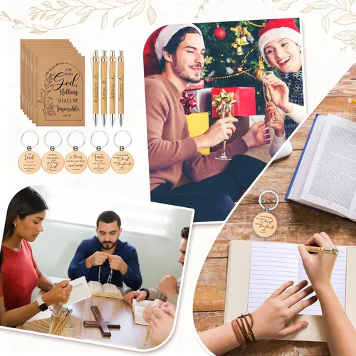 Vista 7 de Kisston Juego de 30 cuadernos de regalo religioso cristiano a granel, versículos bíblicos, bolígrafos de bambú y llaveros de madera, regalos