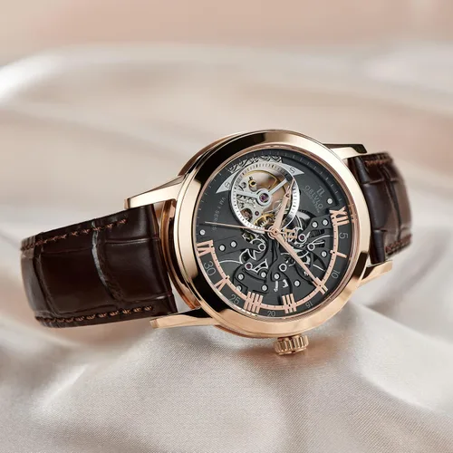 Vista 3 de OBLVLO Relojes casuales de lujo con diseño de esqueleto oro rosa relojes automáticos cristal de zafiro VM-S