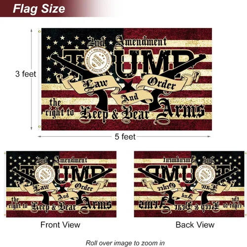 Vista 5 de Bandera de Trump de 3 x 5 para exteriores, bandera de 2ª enmienda, poliéster 150D, bandera estadounidense de armas de la segunda enmienda con ojales