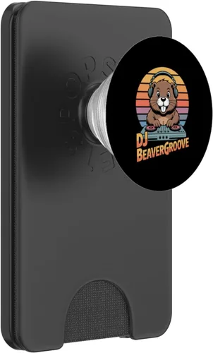 Vista 8 de DJ BEAVERGROOVE Retro Beaver DJ Turntable Sunset PopSockets Adhesive PopGrip