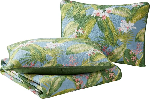 Vista 6 de Tommy Bahama Juego de edredón reversible de algodón con fundas a juego, decoración ligera del hogar para todas las estaciones, Queen, verde/azul