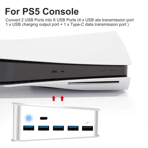 Vista 3 de EEEKit Hub USB de 5 puertos para PS5, PS5 USB de alta velocidad con 4 USB + 1 puerto de carga USB y 1 puerto tipo C, conector extensor USB Plug &