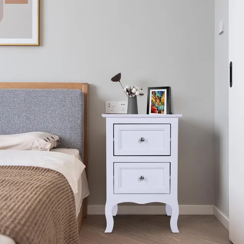 Vista 5 de Juego de 2 mesitas de noche blancas, mesitas de noche con cajón para sala de estar, dormitorio, mesita de noche para sala de estar, mesitas de noche