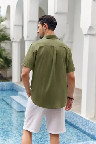 Vista 2 de Camisa de lino de manga corta para hombre, con botones, cuello extendido, para vacaciones, playa
