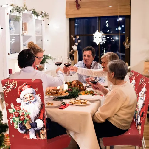 Vista 4 de Weldomcor Juego de 6 fundas elásticas para sillas de comedor de Navidad, fundas protectoras rojas para asiento de cocina, decoraciones de elastano