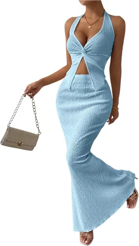 Vista 40 de SOLY HUX - Conjunto de dos piezas de verano para mujer, con parte superior tipo camisola con cuello halter, nudo frontal y falda marrón (Plain Brown)