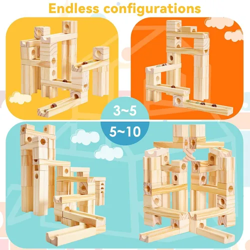 Vista 4 de Carrera de mármol de madera para niños de 4 a 8 años, 60 piezas de bloques de construcción de madera y juego de construcción, juego de laberinto