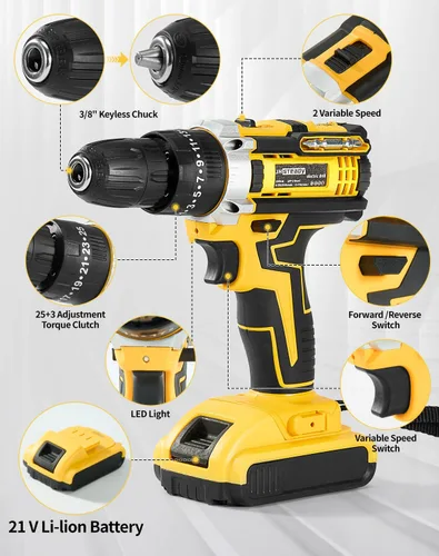 Vista 2 de Taladro Atornillador Inalámbrico de 48V - Torque 25+3, Motor sin Escobillas, Taladro Eléctrico de 1500RPM con 2 Baterías, Luz LED, Juego Completo