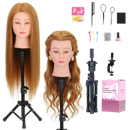 Vista 10 de Cabeza de maniquí con 80% de cabello humano de 26-28 pulgadas, cabeza de práctica de maniquí de cosmetología con cabello humano, cabeza de muñeca