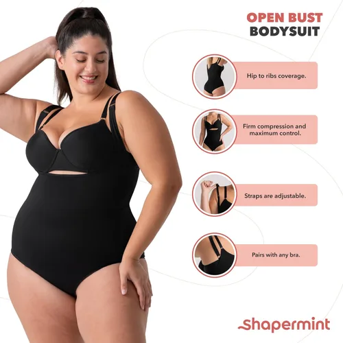 Vista 3 de SHAPERMINT Body de brasier abierto con braga de pierna corta, abdomen sin costuras, compresión lateral y trasera