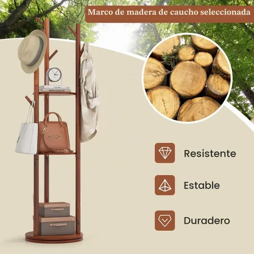 Vista 7 de Generic Perchero de madera independiente con 3 estantes y 9 ganchos, soporte resistente y fácil de montar para entrada, pasillo, dormitorio