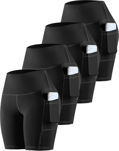 Vista 32 de CHRLEISURE - Pantalones cortos de ciclismo para mujer con bolsillos de licra, cintura alta, con control de abdomen para entrenamiento, yoga